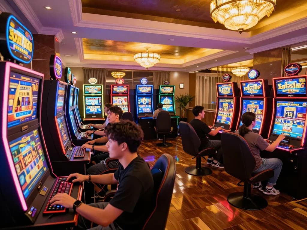 Players engaging in vibrant games at lc 88, celebrating wins in a colorful slot machine area.