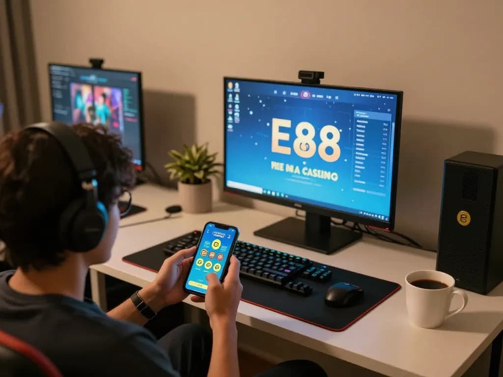 Player enjoying online casino games at home using Ee88 app on smartphone while sipping coffee.