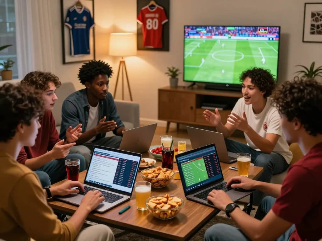 Kèo nhà cái hôm nay scene with friends discussing sports betting strategies in a lively living room, laptops displaying odds and statistics.