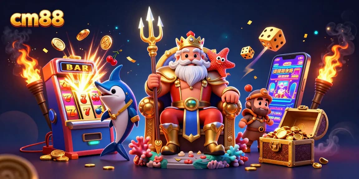 cm88 jackpot scene featuring Neptune with trident and rich casino elements for players.