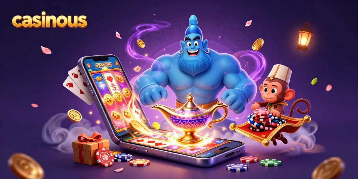 Experience the magic at casinous with our vibrant casino scene featuring a genie, monkey, and poker chips.