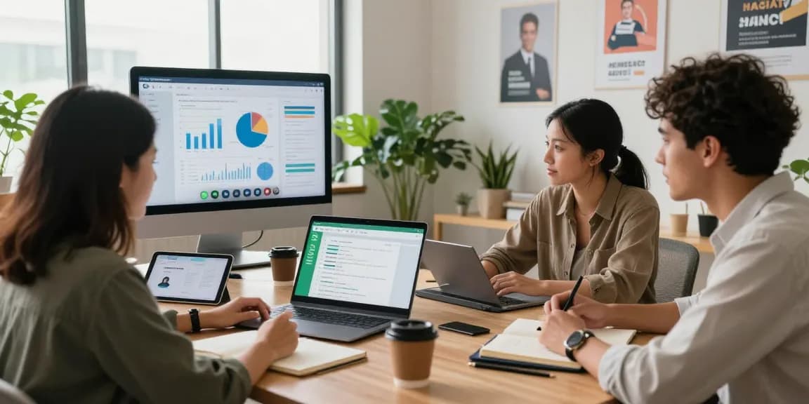 Collaborative workspace with professionals using WhatsApp網頁版 for team communication in a bright office setting.