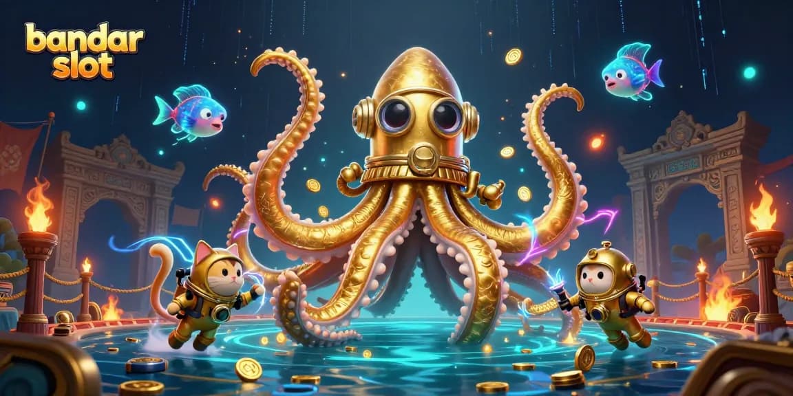Experience thrilling wins at bandar slot with a kraken, diving cat, and deep-sea fish among coins and tokens.