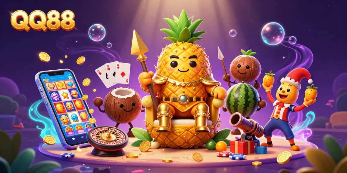 Experience the excitement of QQ88 with the golden pineapple king and colorful casino elements in this vibrant illustration.
