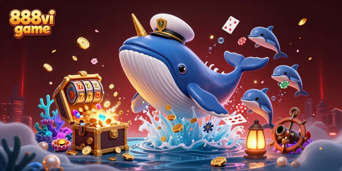 Win big with 888vi game featuring a whimsical underwater scene of a whale, narwhal, and dolphins.