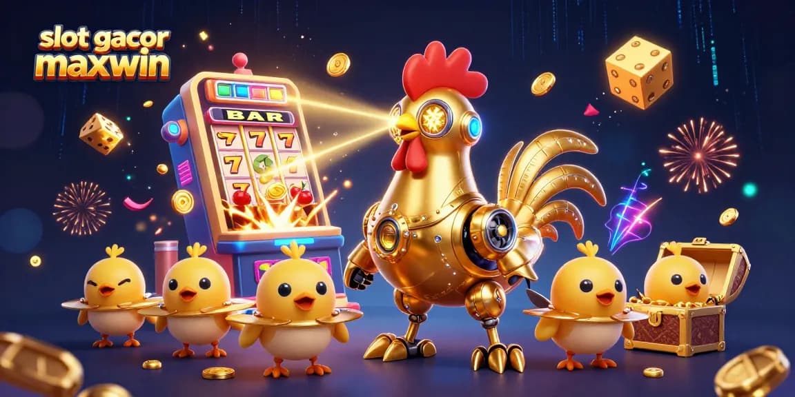 Engage with slot gacor maxwin excitement as golden rooster robot shoots beams amidst a jackpot explosion.