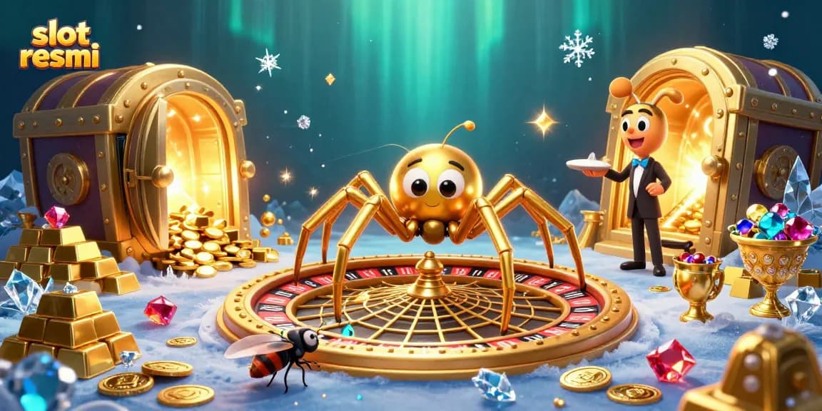Experience the thrill of slot resmi with a cartoon spider and centipede croupier in a vibrant casino setting.