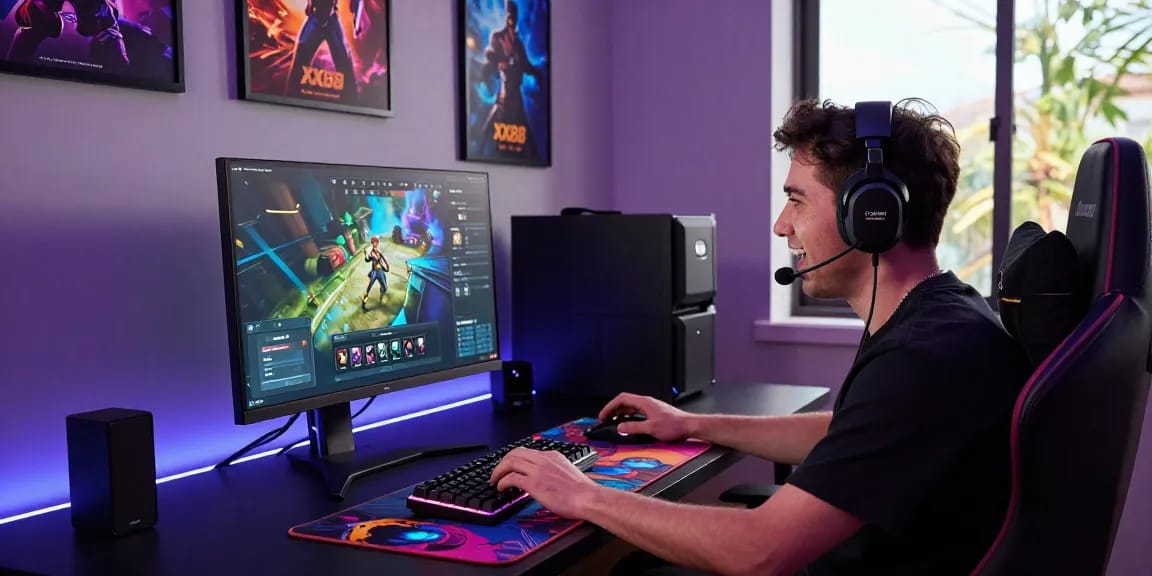 Gamer engaging with the XX88 platform in a vibrant gaming setup, showcasing a high-resolution monitor, RGB keyboard, and dynamic atmosphere.