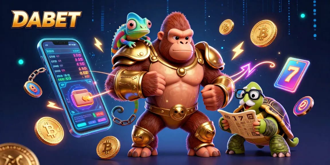 DABET showcases an engaging casino scene with vibrant characters and cryptocurrency elements.