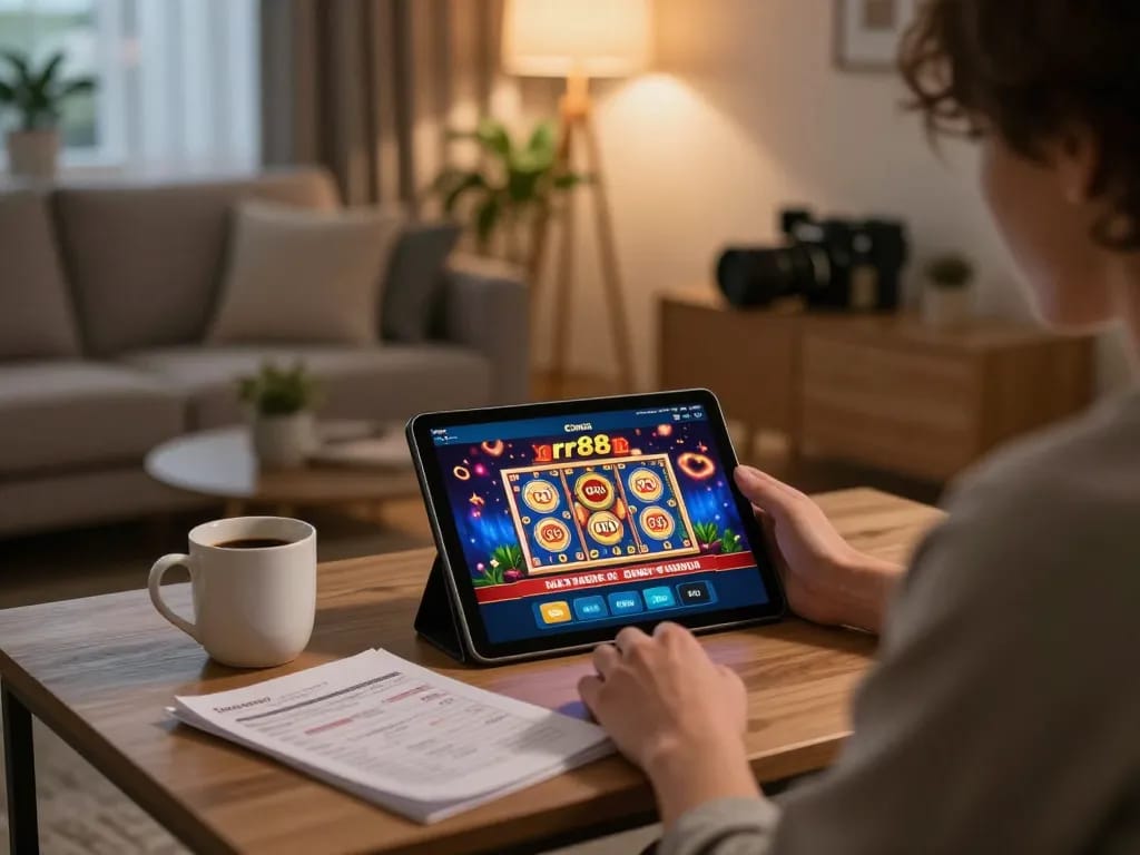 Player using rr88 casino app on tablet in stylish living room.