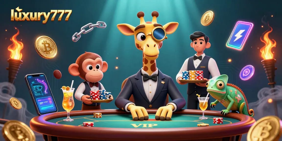 Experience luxury777 gambling action with a high-roller giraffe at a VIP poker table surrounded by crypto elements.