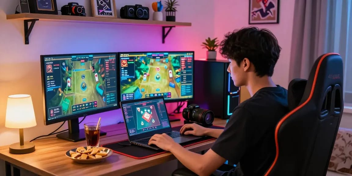 Pengguna bermain 68 game bài di laptop dengan suasana hangat dan dekorasi permainan yang menarik.