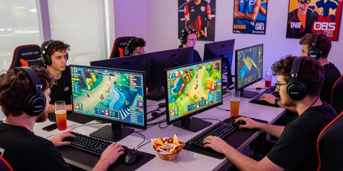Engaged players in a dynamic rikvip online gaming environment with colorful graphics and gaming gear.