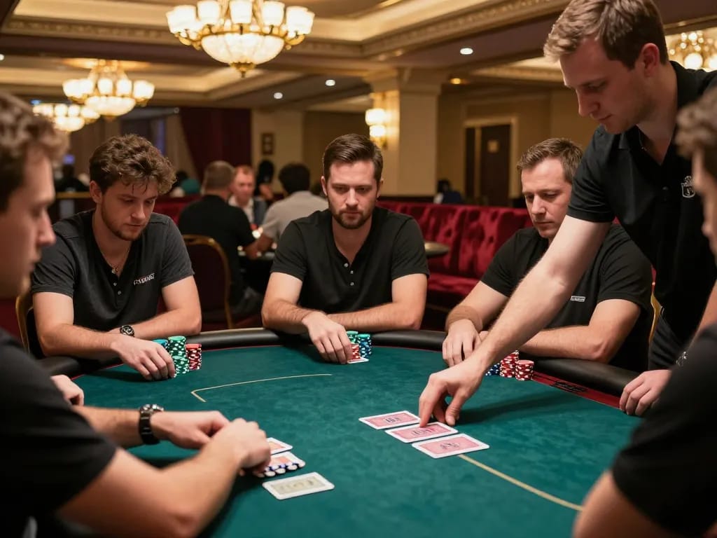 Engaged players competing in a game bài đổi thưởng at an upscale poker table during a competitive tournament.