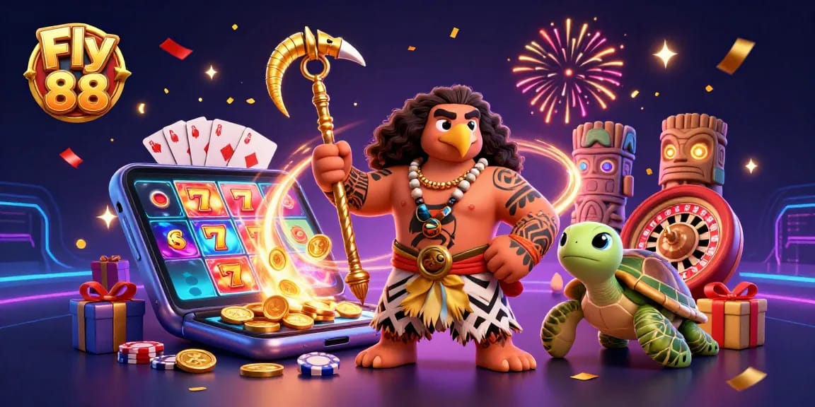 Engage with Fly 88 in this vibrant casino scene featuring a Polynesian demigod and gaming elements.