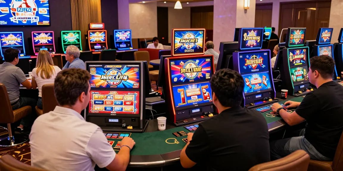 Exciting gaming atmosphere at Jackpot City Paraguay, featuring players at vibrant slot machines and engaging in live dealer games.