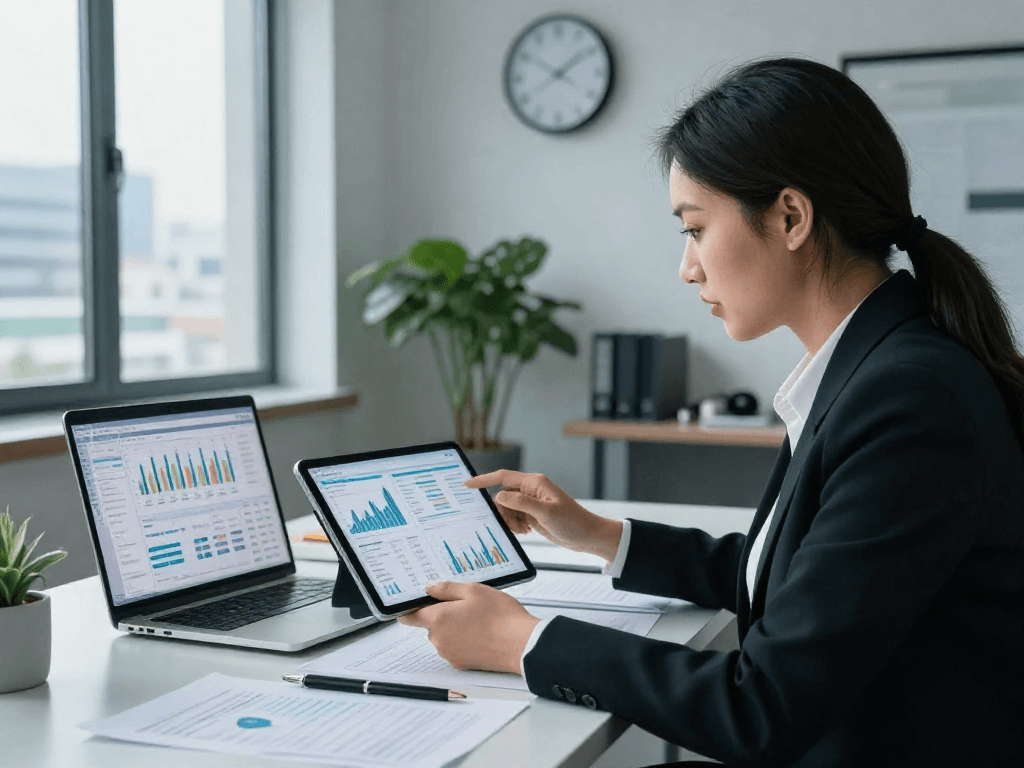 Professional setting showcasing trang chủ debet financial dashboards and analysis in a modern office environment.