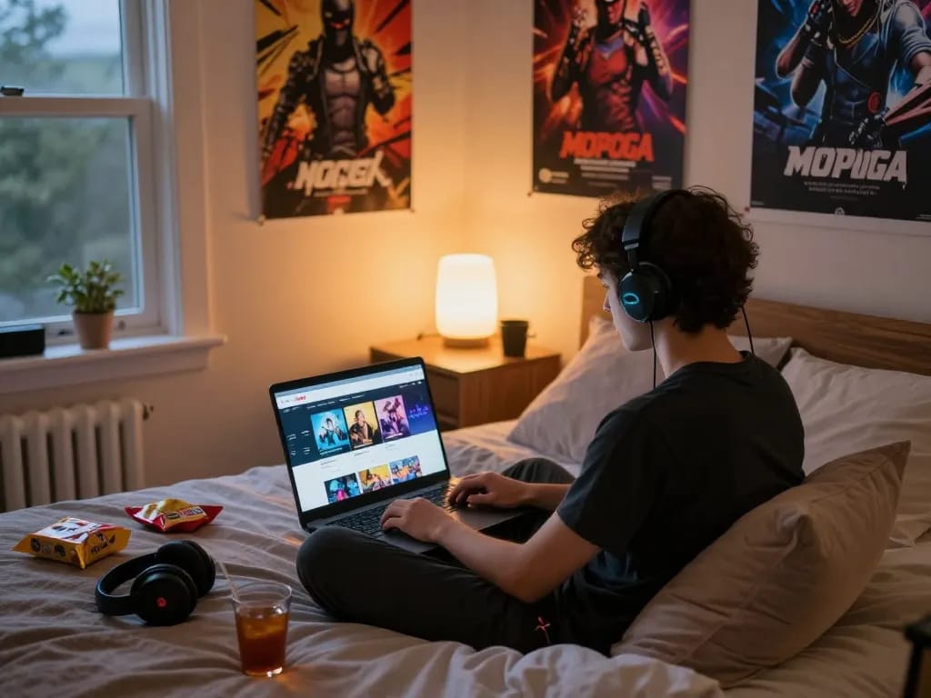 Engaging scene of a player enjoying xxx games on a cozy bed.