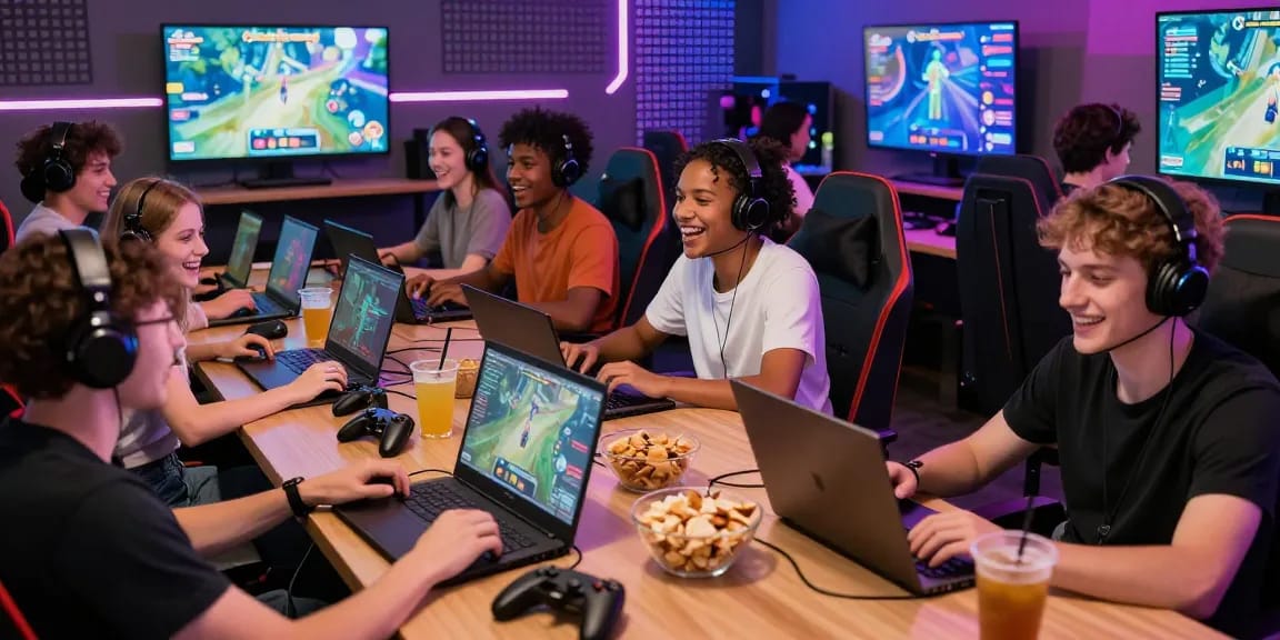 Engaged friends playing online games at iwin in vibrant gaming lounge.