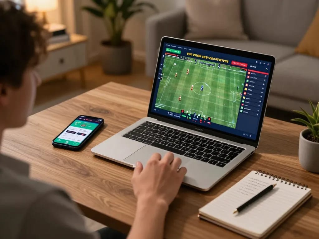 A person analyzing ty le keo nha cai on a laptop at home, showcasing live odds and betting strategies.