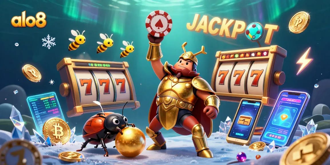 Join the excitement at alo8 as the hercules beetle celebrates a casino win, showcasing vibrant jackpot elements.