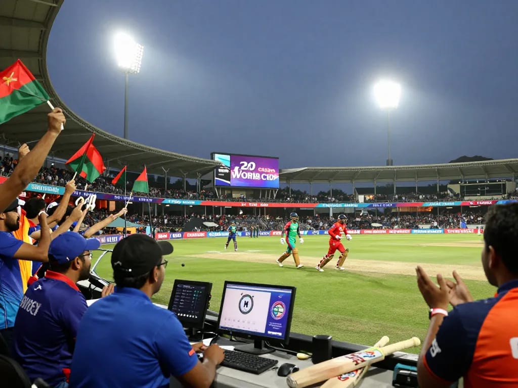 Crickex casino sponsor banner in vibrant cricket stadium during T20 World Cup match with cheering fans.