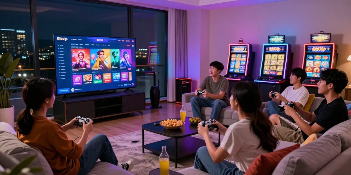 Friends enjoying a gaming night with Rikvip in a modern living room.
