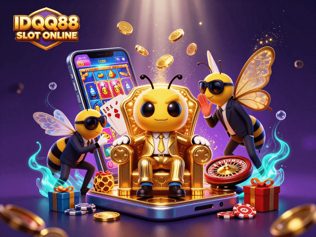 Experience the thrill of IDQQ88 SLOT ONLINE as golden coins erupt from smartphones amidst vibrant game elements.