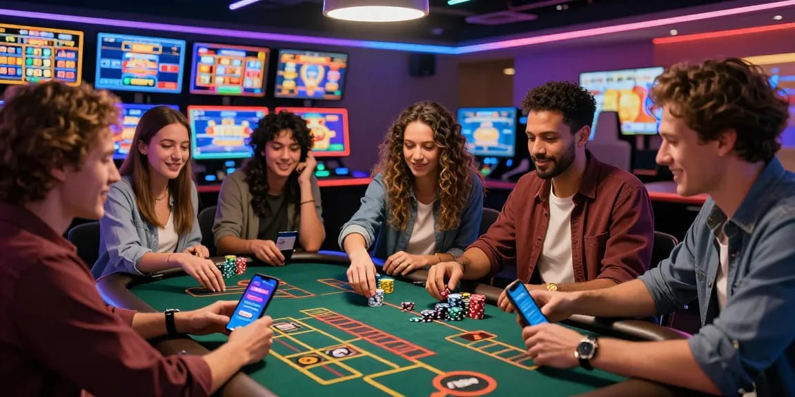 Friends enjoying a thrilling night at credit card casinos UK with smartphones and colorful games.
