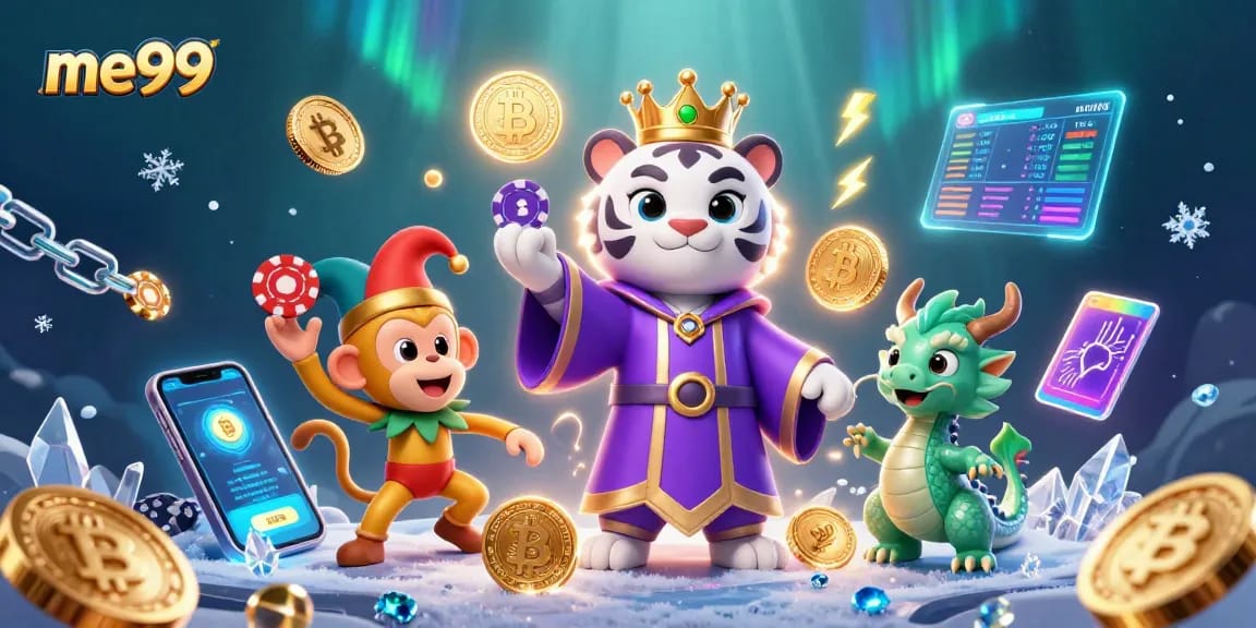 Engage in exciting gaming at me99 featuring a playful cartoon scene with vibrant characters and crypto elements.