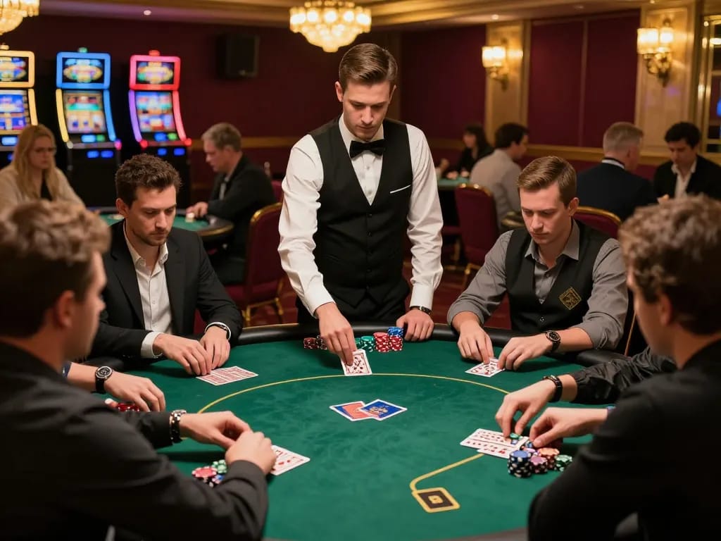 Experience strategic gameplay at Sunwingo poker tables with focused players in a luxurious casino.