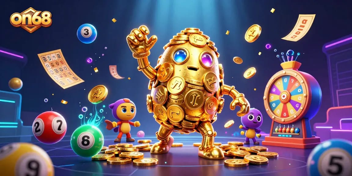Engage with on68's thrilling games featuring a golden golem amidst colorful lottery balls and prizes.