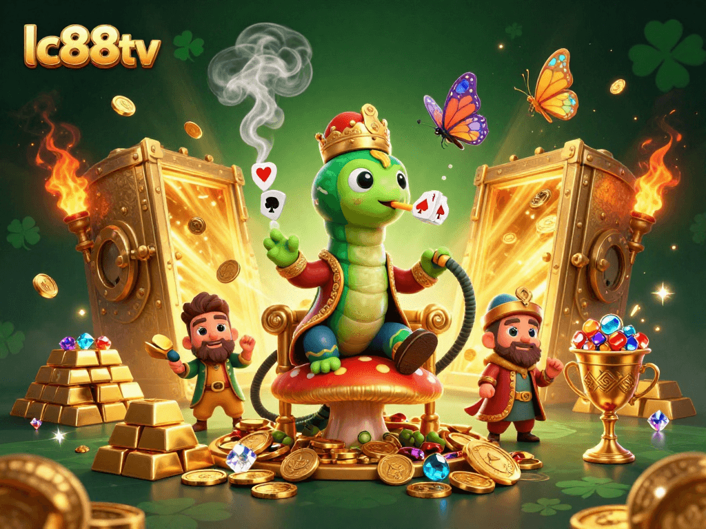 Engage with thrilling games at lc88tv, featuring a vibrant 3D casino scene with extravagant elements.
