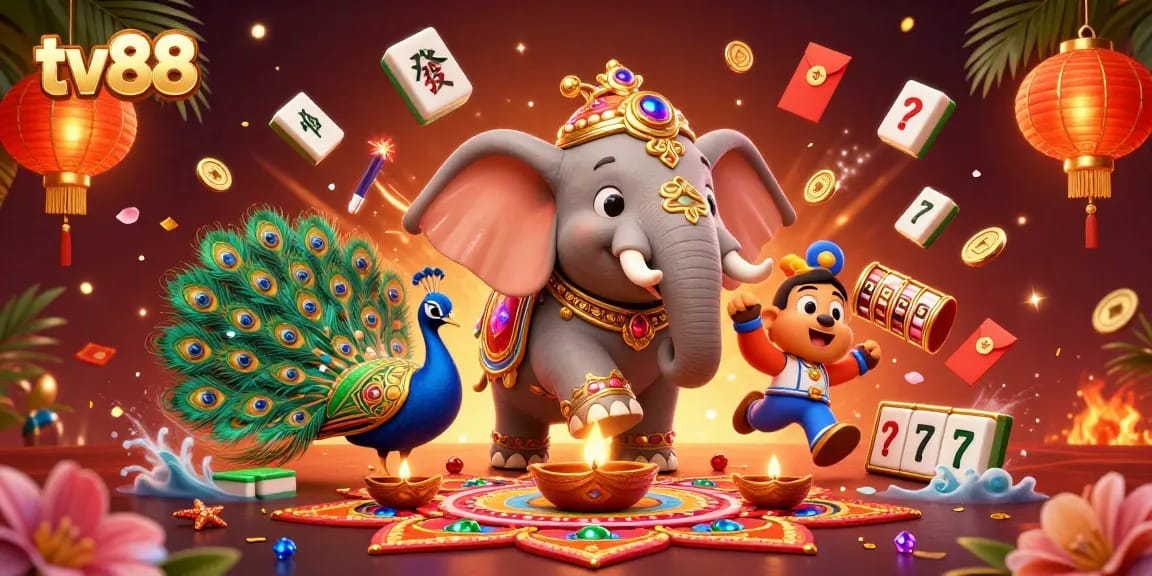 Engage in thrilling gameplay with tv88's vibrant casino-themed illustration featuring lucky symbols and characters.