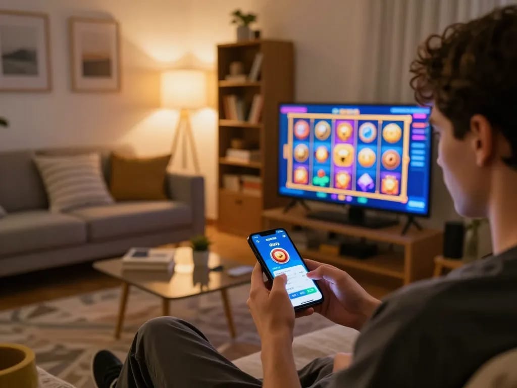 8day casino player celebrating a jackpot win on mobile app in a cozy home setting