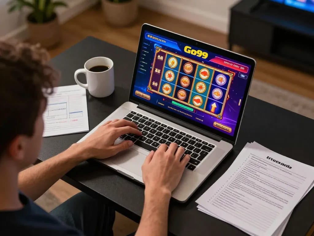 Player enjoying Go99 casino slots at home, showcasing a vibrant gaming setup.
