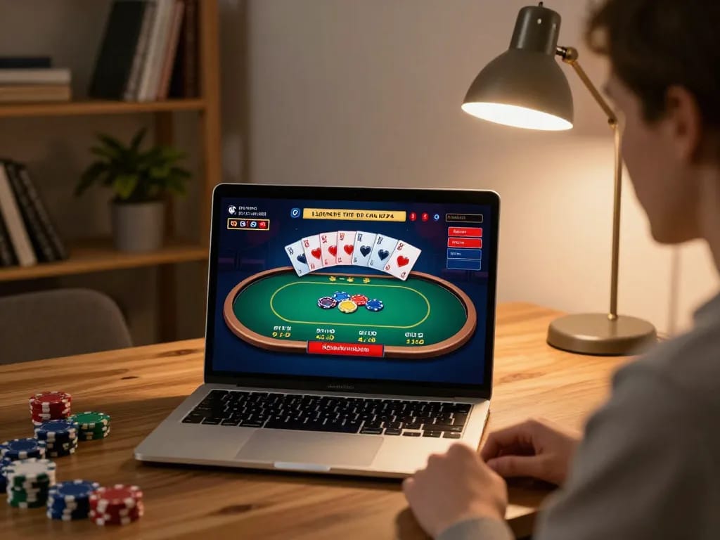 Player enjoying an online poker game on RR88 with colorful cards and a cozy atmosphere.