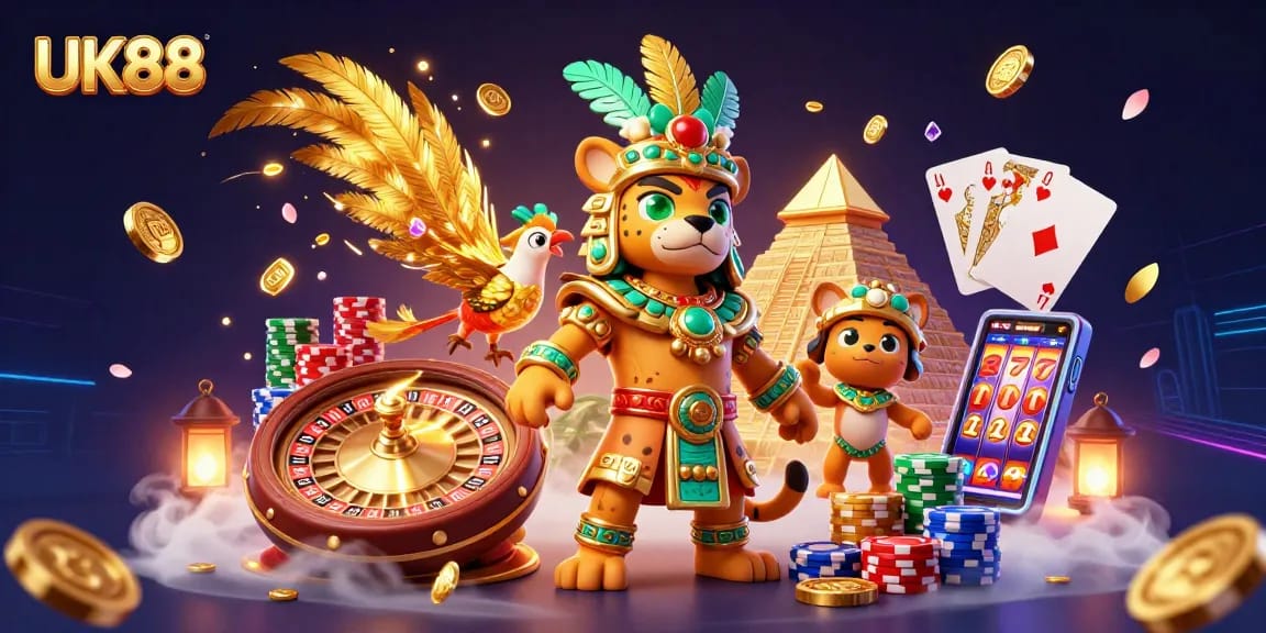 Experience the excitement of UK88 casino with vibrant characters amidst dynamic gaming elements.