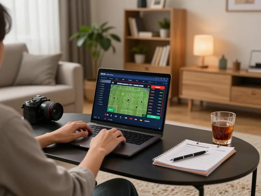Engaging in sports betting at Trang Chủ SC88 with live odds displayed on laptop, warm home setting, and betting notes.