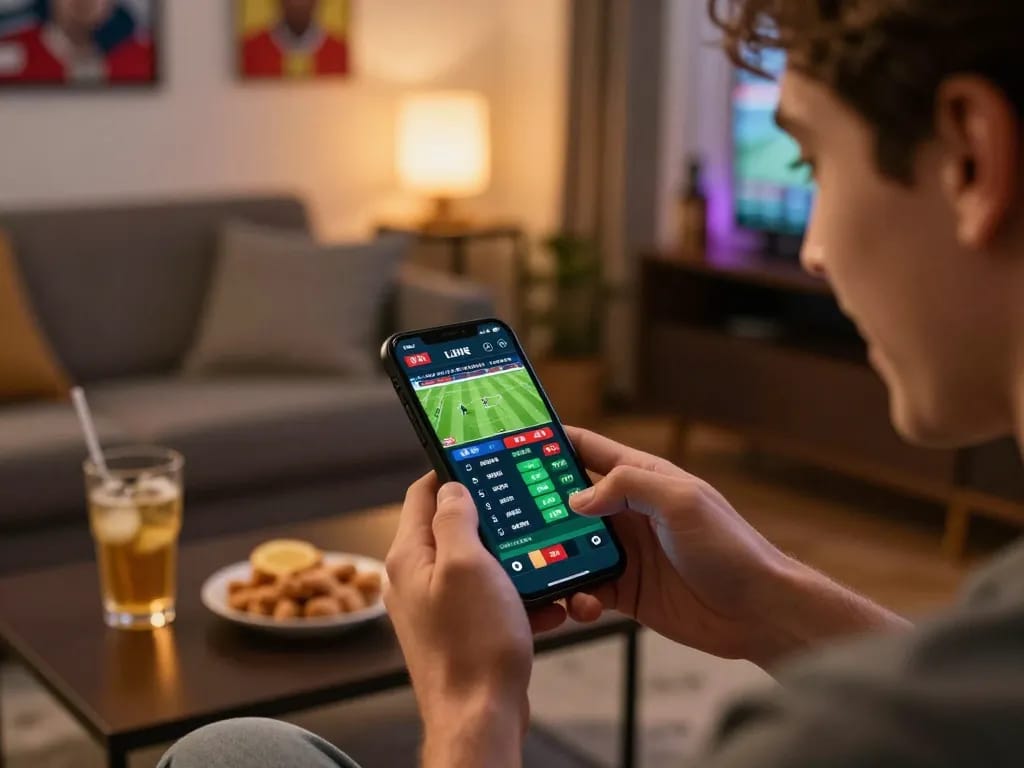 Excitedly betting on football matches live via uu88 mobile app in a cozy living room atmosphere.