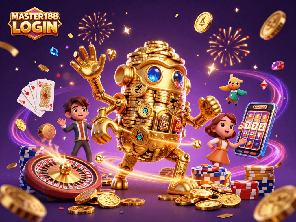 Engage with MASTER188 LOGIN for a thrilling casino experience in vibrant 3D illustration.