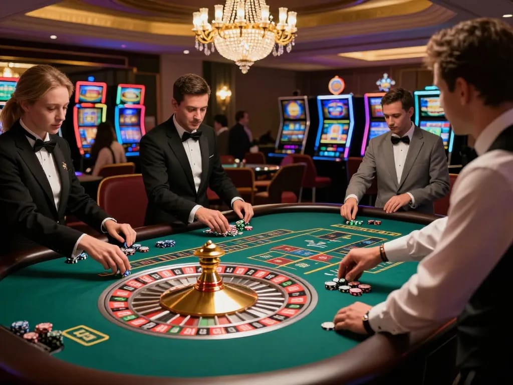 Players engaging in thrilling roulette action at B52 casino, vibrant atmosphere and luxury design.