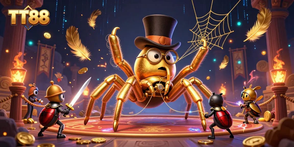 Play exciting casino games at TT88 while encountering a giant golden tarantula and its brave beetle knight!