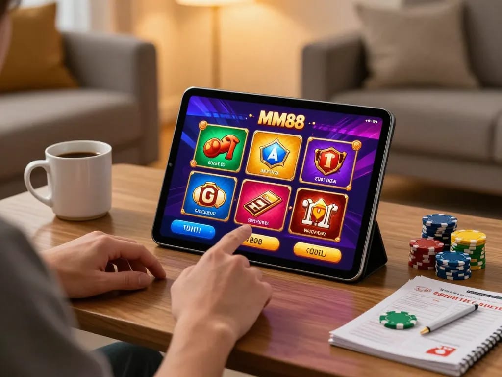 Engaging with the MM88star casino app on a tablet in a cozy home setting.