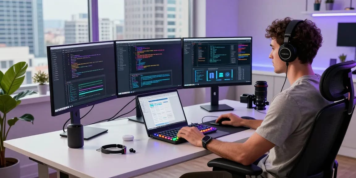 Developer at a dynamic workspace showcasing code and app designs, highlighting features of teiegramin.com.