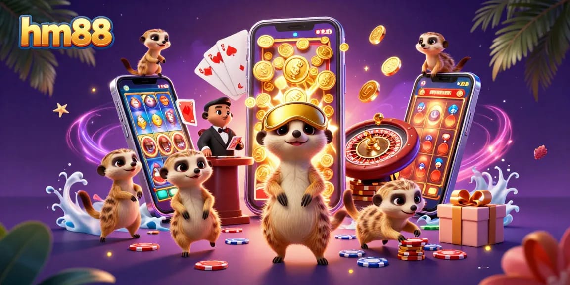 Engage with hm88's casino adventure featuring meerkats in a vibrant casino scene, complete with slot games and poker.