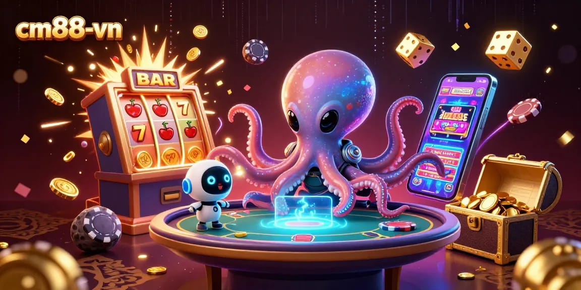 Experience vibrant gaming at cm88-vn with a unique alien-themed casino illustration.