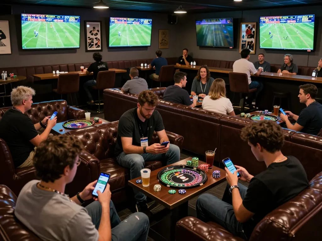Excited patrons placing bets on live games using 7m-7m platforms in a stylish sports lounge