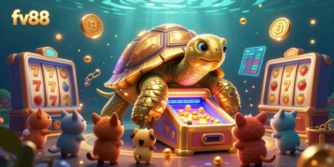 Spin and win at fv88 with engaging cartoon characters and vibrant slot elements in a 3D casino scene.