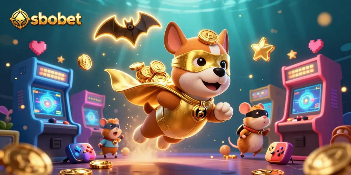 SBOBET inspired superhero dog flying with gold coins, surrounded by vibrant casino game elements
